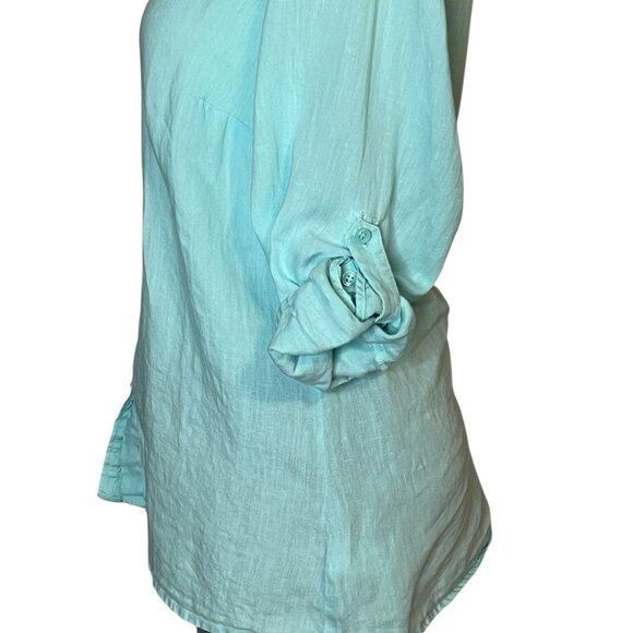 Coldwater Creek aqua linen ¾ adjustable sleeve blouse XL (16) - Picture 7 of 12